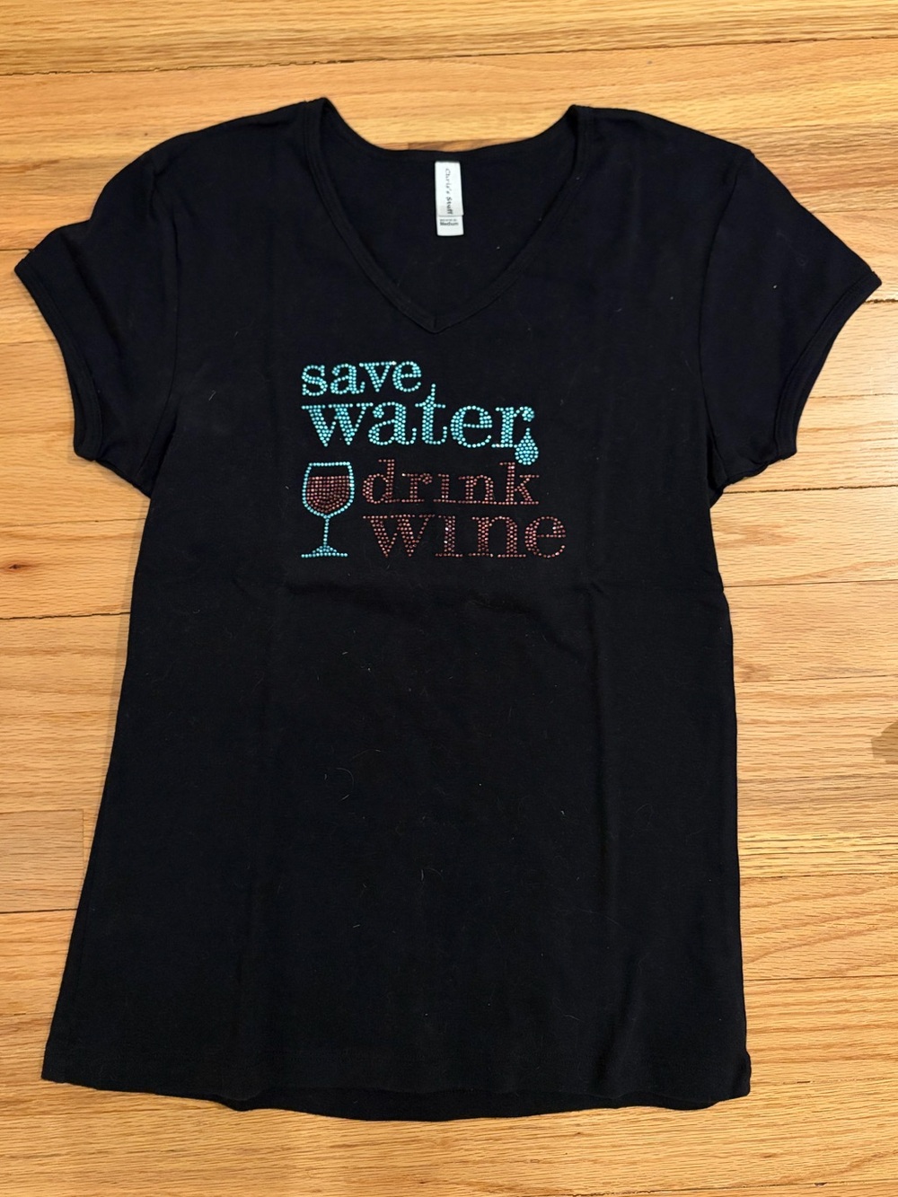 Save Water Drink Wine Rhinestone Graphic Tee Black Medium Funny Shirt